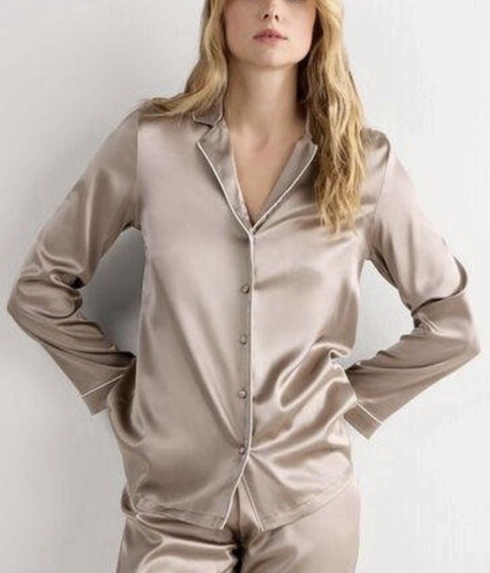 Intimissimi Beige Silk Button Down Pajama Top women sz M Classic Luxury EUC
